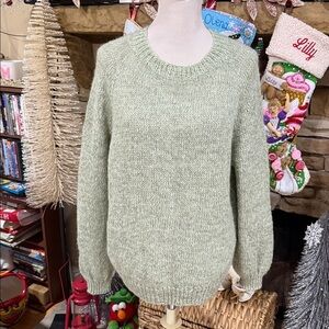Handmade Knit Women's Wool Mohair Lurex Sage Green Crew Neck Sweater Size L/XL